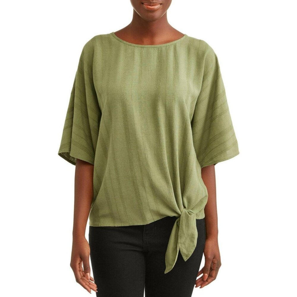 Time and Tru Womens Plus Side Tie Olive Green Linen Blend Blouse Size 2XL XXL 20